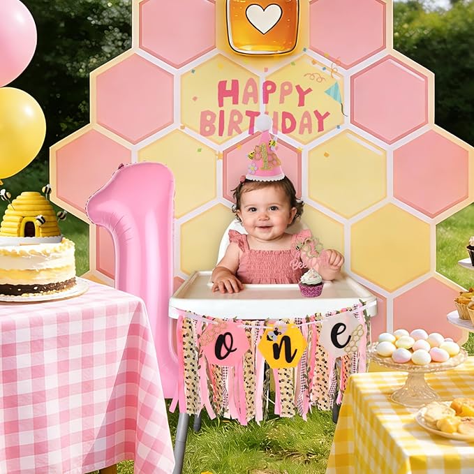 Bee Theme Highchair Banner for Baby First Birthday Party Decorations Pink Happy 1st Bee Day High Chair Tassel Garland for Girls Bumble Bee One Birthday Photo Props Backdrop Decor with Cake Topper