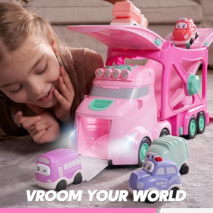 JOVA Extra Large Toy Trucks for Toddlers, 3-Layer Princess Pink Trucks for Girls, 7-in-1 Big Carrier Truck with Siren & Lights and 6 Toy Cars, Birthday Gifts for Girls
