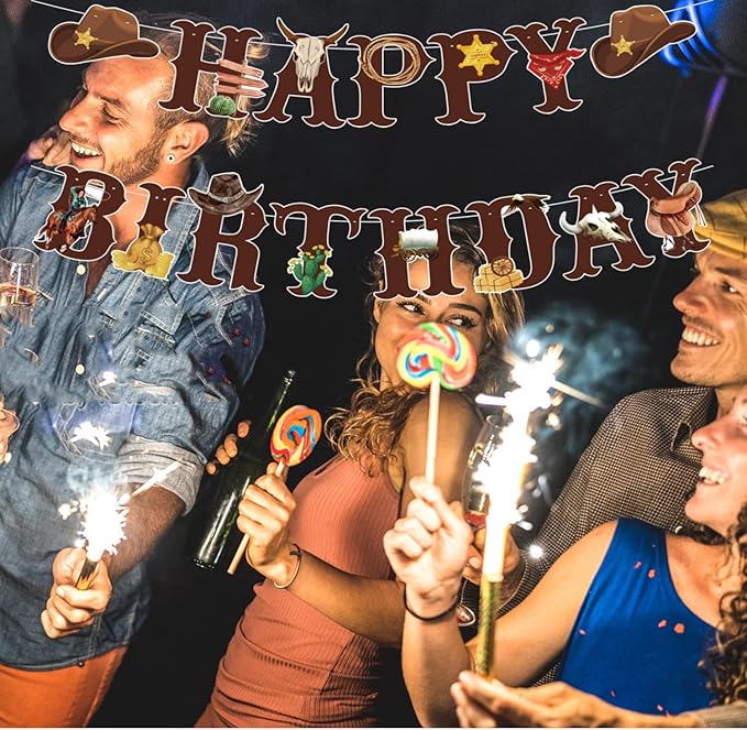 Western Cowboy Theme Wild West Party Decoration,Pre-Strung Happy Birthday Banner,Retro Horse Rodeo Party Supplies for Boys,Cowboy Hat Horses Garland for Boys Birthday Party