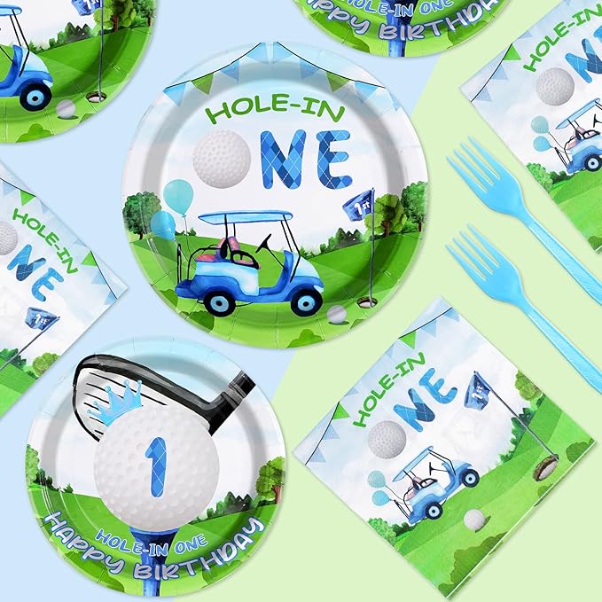 Grencian 96 Pcs Golf First Birthday Party Supplies Hole In One Plates and Napkins Forks Tableware Set for Kids Boys 1st Birthday Party Decorations Golf Ball Sport Game Club Serves 24