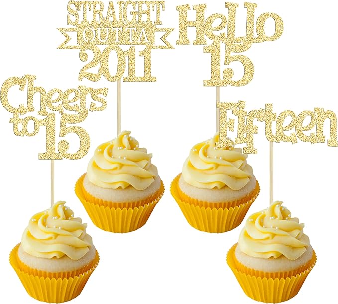 Ephlyn 24Pcs 15th Birthday Cupcake Toppers Glitter Straight Outta 2011 Cupcake Picks Hello 15 Cheers to 15 Years Cake Decorations for 15th Birthday Anniversary Party Decorations Supplies Gold