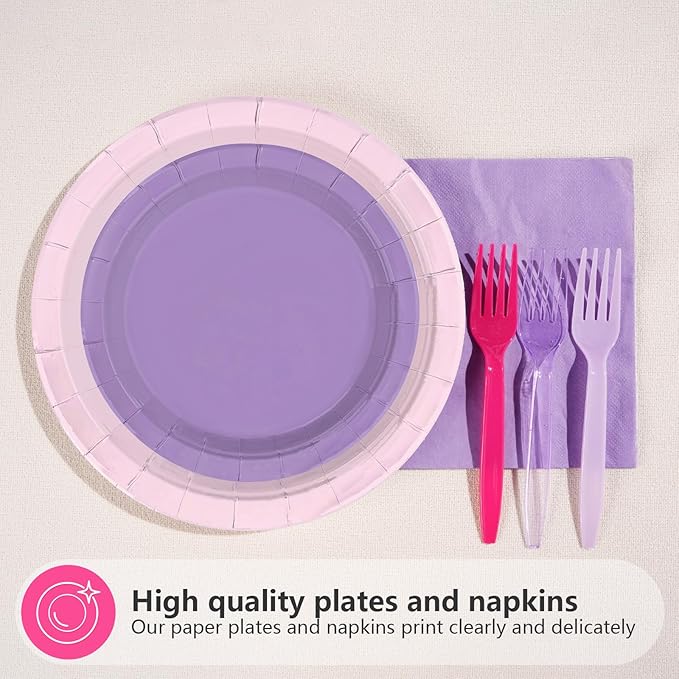 96Pcs Purple Pink Birthday Party Decoration Light Plates and Napkins Hot Pink and Purple Disposable Paper Tableware Set for Girls Birthday Bridal Baby Shower Wedding Party Supplies Serves 24