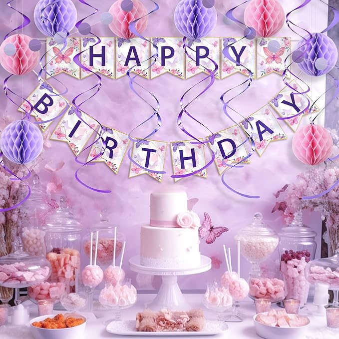 Butterfly Birthday Decorations Kit - 19-Piece Set with Pre-Strung Happy Birthday Banner, Honeycomb Balls, Garland & Swirls | Butterfly Theme Party Supplies for Women Girls Kids, Teens Adults