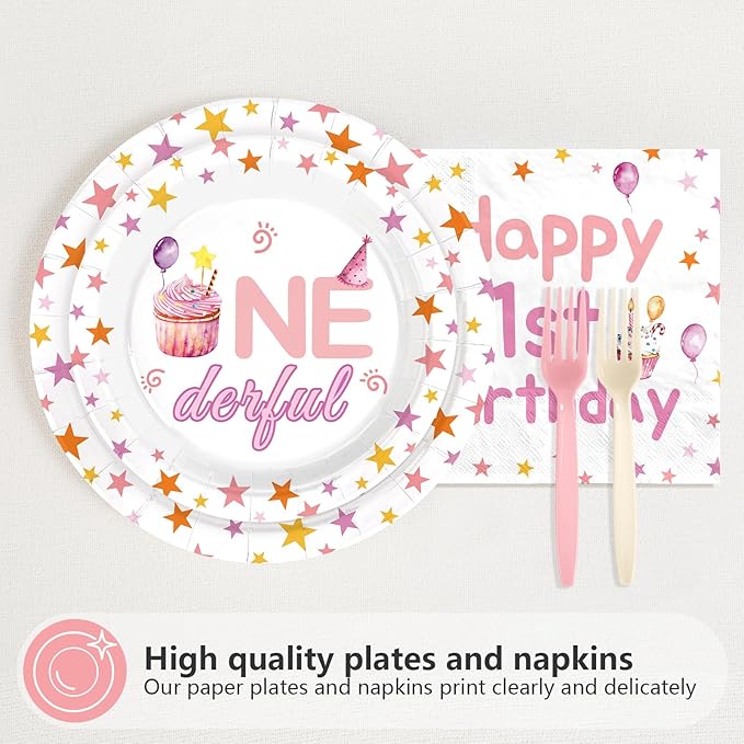 96 Pcs Pink First Birthday Party Decorations Sweet One Happy 1st Birthday Plates and Napkins Pink Party Crown Tableware Set for Girl 1-Year-Old-Birthday Supplies, Serves 24