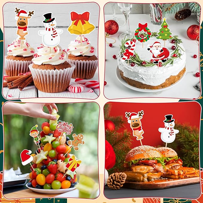 24 Pcs Christmas Cupcake Toppers, Xmas Cake Decorations Toothpicks with Santa Claus Snowman Bells Gingerbread Designs, Christmas Cake Topper Picks for New Year Holiday Party Decorations Supplies