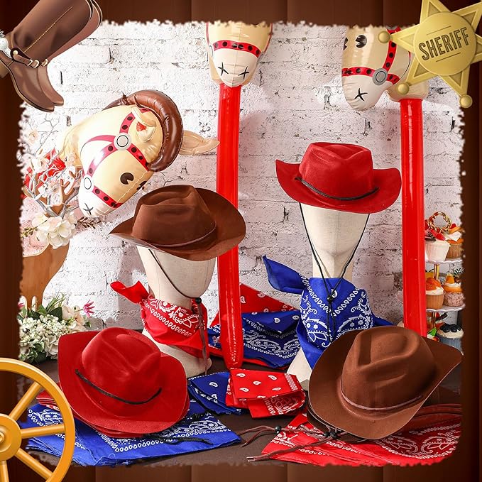 Xtinmee 36 Pcs Cowboy Party Costume Set, Cowboy Hats Paisley Bandanas Inflatable Stick Horses Kids Party Supplies