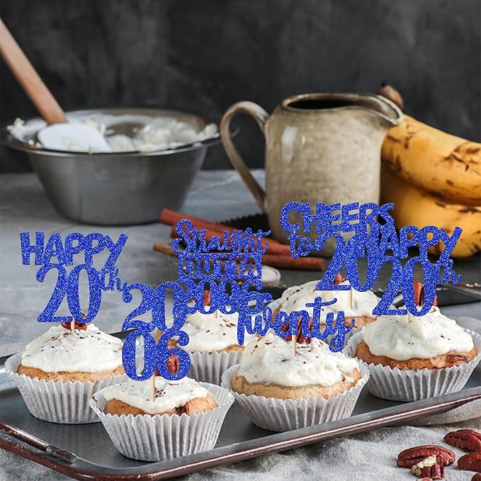 30 PCS 20th Birthday Cupcake Toppers Glitter Twenty Happy 20 Straight Outta 2006 Cupcake Picks for Cheers to 20 Fabulous 20th Birthday Anniversary Party Cake Decorations Supplier Blue