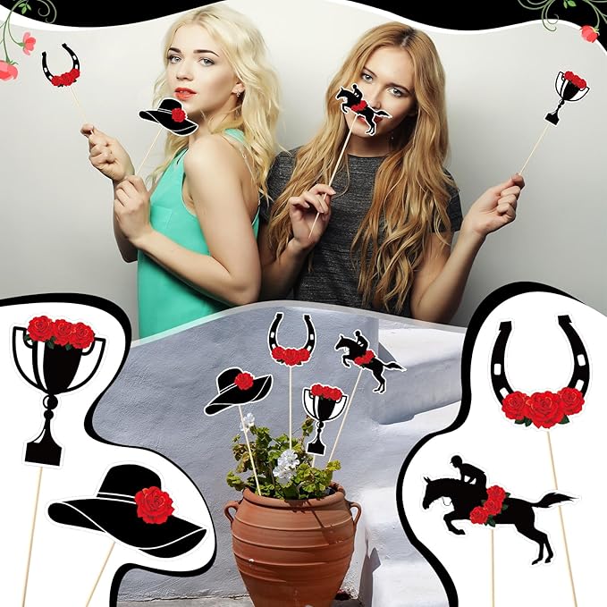 24 Pcs Double-sided Derby Party Supplies Decoration Sticks Set for Table Centerpieces Kentucky Horse Racing Theme Party Decorations for the Roses Derby Day Birthday Supplies