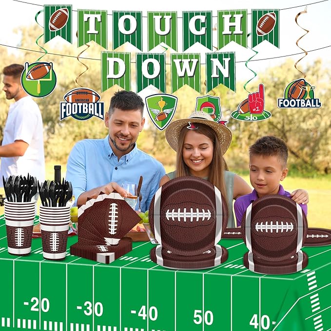 Qyeahkj 184pcs Football Party Supplies Decorations Set Serves 25 Includes Plates Napkins Cups Tablecloth Hanging Swirls Banner Tableware Kit for Football Game Party Decorations Favors