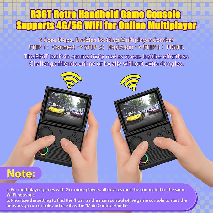 R36T Retro Gaming Console, 3.5'' IPS Screen CRT-Inspired, Handheld Game Console with 22000+ Classic Games Supports WiFi Networked Fighting and OTG, 3500mAh Battery, with Portable Case(Black 128GB)