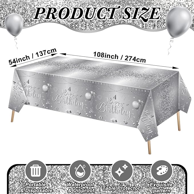 Tudomro 3 Pcs Happy Birthday Tablecloths Happy Birthday Party Decorations Plastic Table Cover Rectangular Cloths for Women Men Baby Shower Party Supplies, 108 x 54 Inch (Silver)
