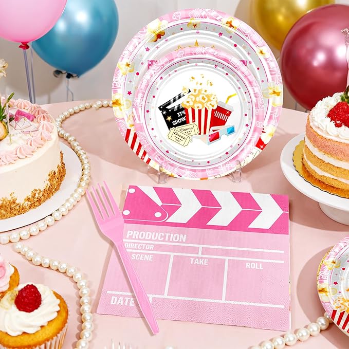 Avezano 96 pcs Movie Night Party Decorations Pink Movie Night Plates and Napkins Disposable Popcorn Theater Birthday Party Supplies Serve 24 Guests