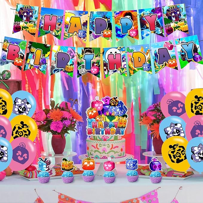 Blox Fruits Party Supplies,Blox Fruits Game Party Decorations Includes Banner, Cake Toppers, Balloon for Blox Game Party Decorations