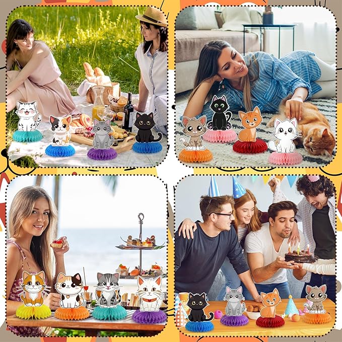 Pickmesh 12 Pcs Cat Birthday Party Decoration Honeycomb Centerpieces Kitten Table Centerpieces Cats Table Topper 3D Double Sided Kitten Decoration for Birthday Pet Theme Party Favors Supplies