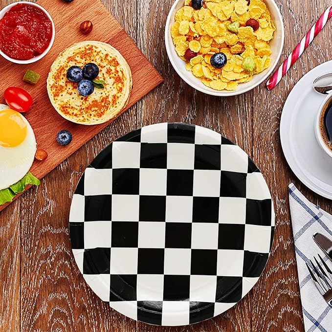 40 Pcs Race Car Birthday Party Supplies Black and White Checkered Party Supplies 7"Checkered Paper Plate,Black White Plate for Kids Car Sports Themed Racing Birthday Party Decorations (Black White)