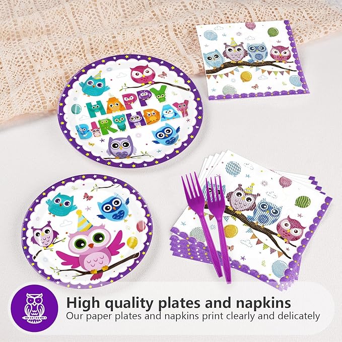96 Pcs Owl Birthday Party Supplies Cute Cartoon Owl Paper Plates and Napkins Disposable Animal Owl Theme Tableware Set Owl Birthday Party Decorations for Kids Boys Girls Birthday Baby Shower Serves 24