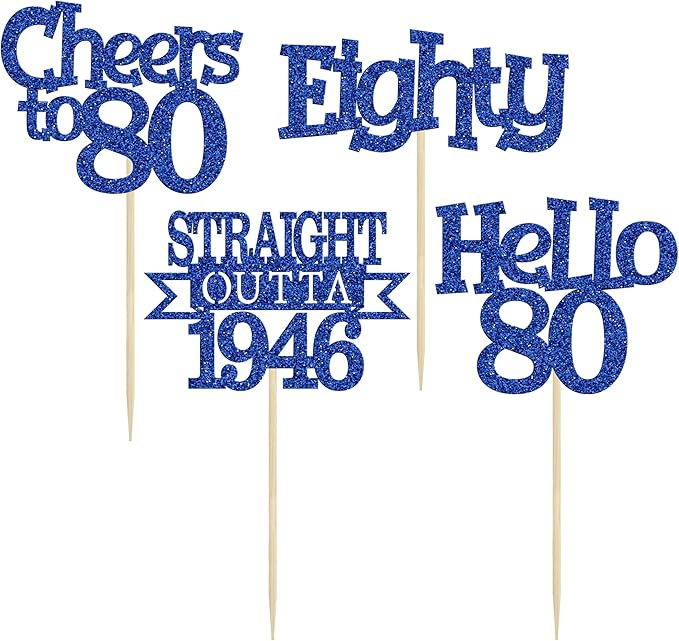 Ephlyn 24Pcs Happy 80th Birthday Cupcake Toppers Glitter Straight Outta 1946 Cupcake Picks Hello 80 Cheers to 80 Years Birthday Cake Decorations for 80th Birthday Anniversary Party Supplies Blue
