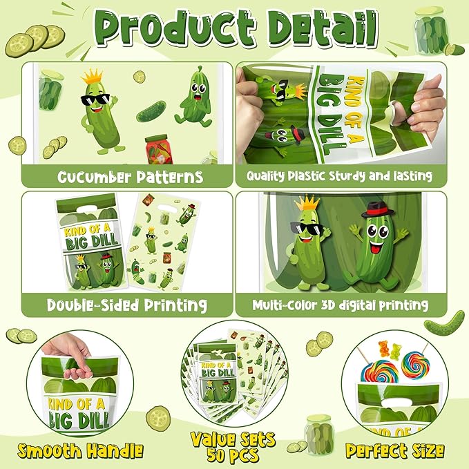 Funny Pickle Party Favor Bags - 50Pcs Kind of a Big Deal Cucumber Goody Candy Treat Bags, Interesting Vegetable Themed Party Decorations for Adults Kids Birthday Fruit Vegetable Events Supplies