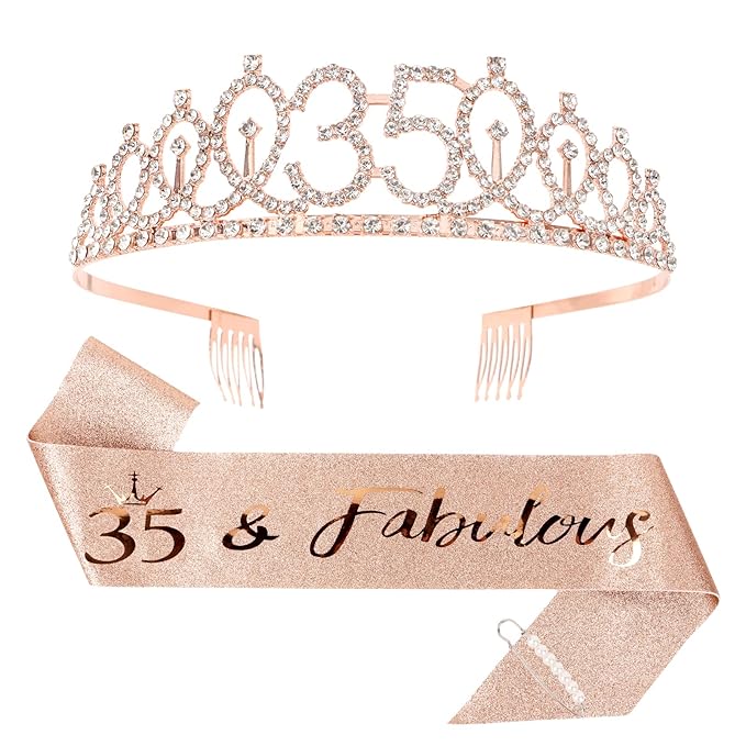 CIEHER 35th Birthday Crown & Sash Set + Tiara, Fabulous 35th Decorations & Gifts