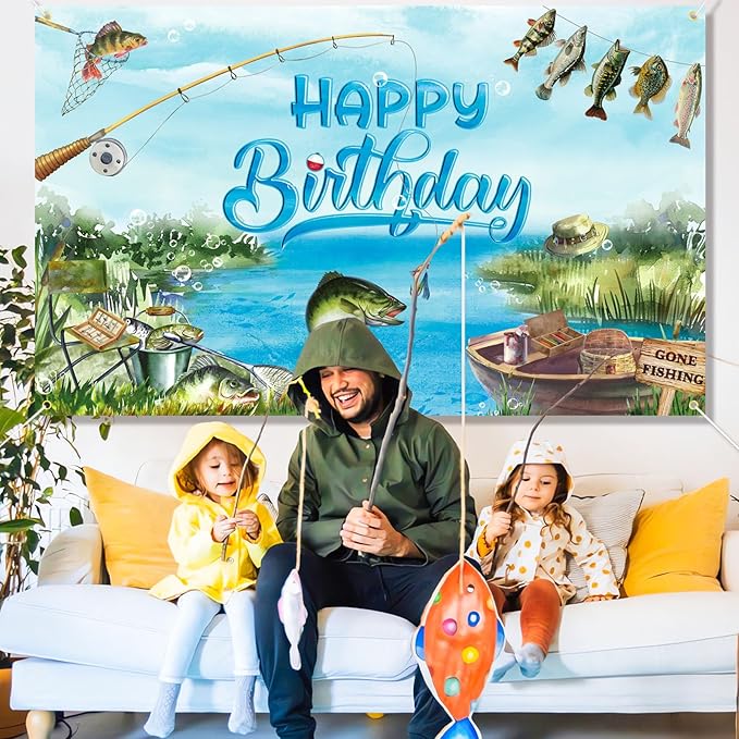 Fishing Birthday Party Decorations Gone Fishing Happy Birthday Banner, Fishing Themed Background Bass Fishing Party Supplies for Adults and Kids 6 x 3.6 ft