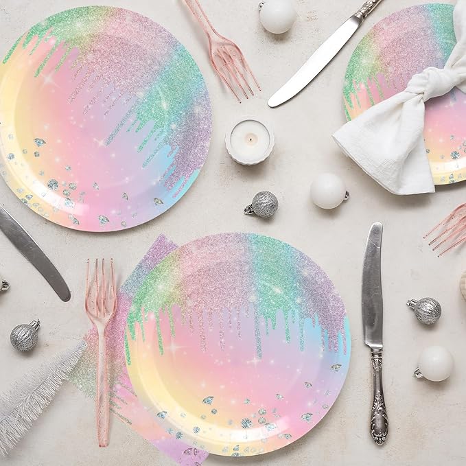 96Pcs Colorful Diamonds Plates Party Supplies Kpop Paper Plates and Napkins and Forks Baby Shower Kids Birthday Party Decorations, Serves 24