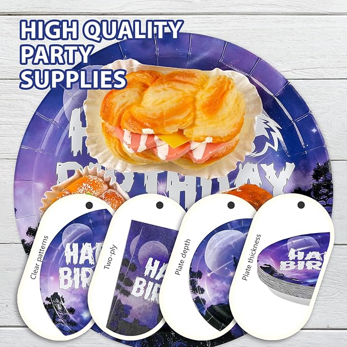 96Pcs Wolf Birthday Party Supplies Galaxy Wolf Plates and Napkins Black Purple Galaxy Disposable Paper Tableware Set for Animal Theme Birthday Outdoor Holiday Party Supplies Serves 24