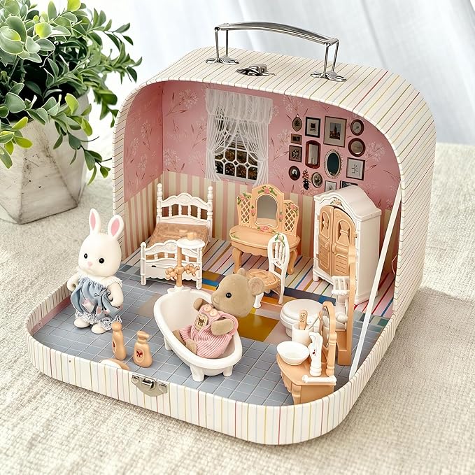 Suitcase Dollhouse Furniture Set for Kids, Mini Dollhouse Box with 2 Flexible Dolls and Bedroom&Bathroom Furnitures, Pretend Play Accessories Christmas Birthday Gift for Toddlers Ages 3+