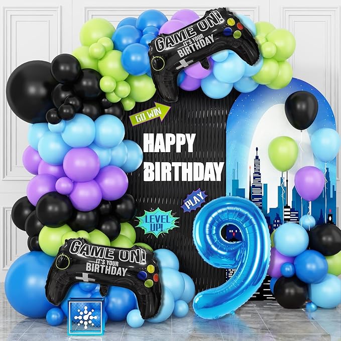 9th Birthday Video Game Balloons Arch, 9th Party Balloons Garland Kit 9th Game Birthday Supplies with Blue Number 9 Balloon Game Foil Balloons for 9 Year Old Teens Boys Decor