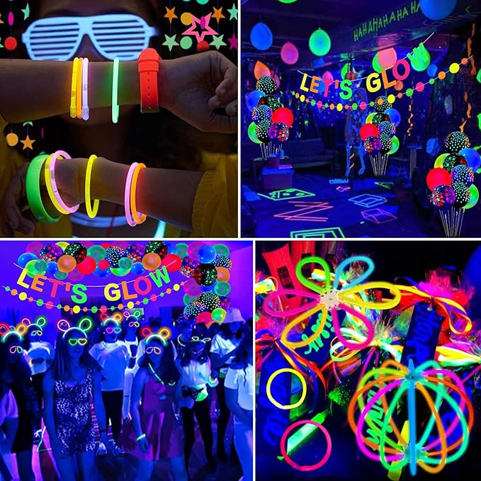 458 Pcs Glow Party Supplies - Include Balloons, Banner, Glow Sticks, Tableware and Tablecloths for Neon Party Decorations, Serves 20