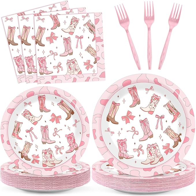 96Pcs Coquette Bow Cowgirl Happy Birthday Party Supplies Western Cowgirl Plates and Napkins Disposable Pink Bowknot Rodeo Tableware Bachelorette for Kids Set Decorations Favors Baby Shower Serve 24