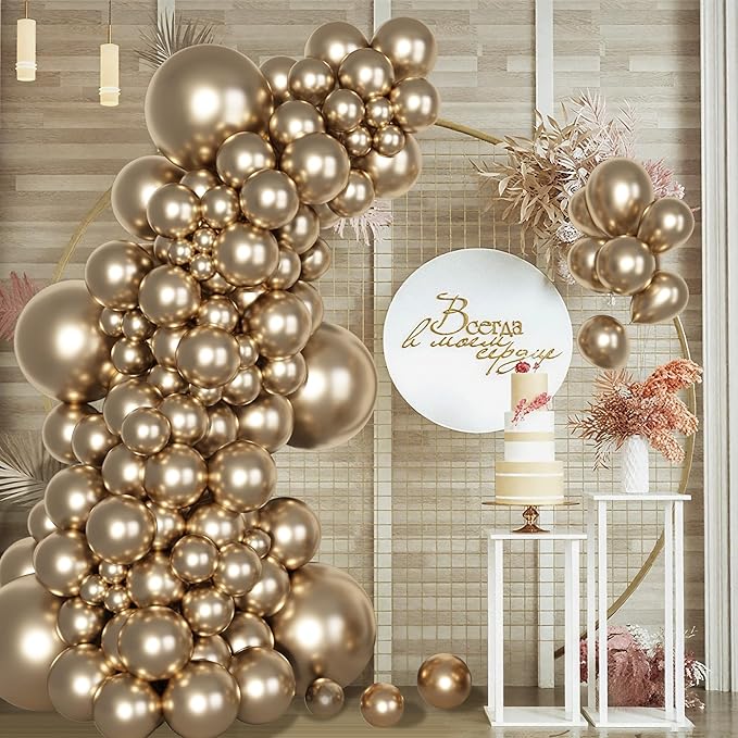 Amandir 153 Pcs Chrome Gold Balloons Arch Garland Kit, Different Sizes 18 12 10 5 Inch Metallic Champagne Gold Balloons for Retirement Graduation Casino Wedding Men Birthday Shower Party Decorations