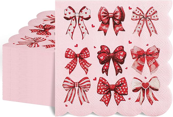 100 Pcs Bow Napkins, Scalloped Pink Bow Birthday Decrations Bachelorette Dessert Beverage Party Napkin for Bridal Baby Shower, Engagement, Wedding