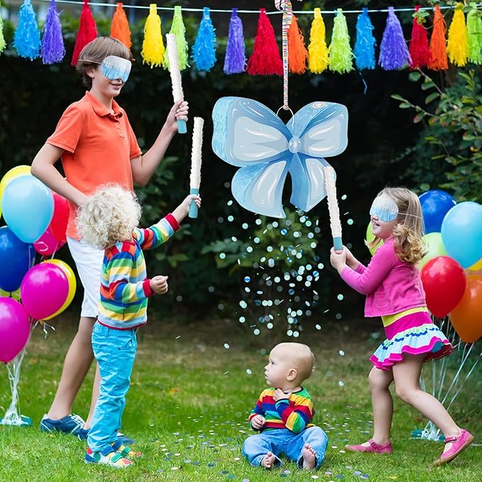 Hooqict Blue Bow Pinata with Blindfold and Bat Stick Frozen Pinata for Birthday Party Games Girls Kids Bow Themed Party Decorations Supplies (Small Size 16"x13"x3")