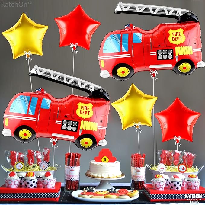 Katchon, Fire Truck Balloons for Birthday Set - Pack Of 6 | FireTruck Party Supplies | Firetruck Balloon For Birthday Decorations | Firefighter Balloons, Balloon for Fire Truck Decorations