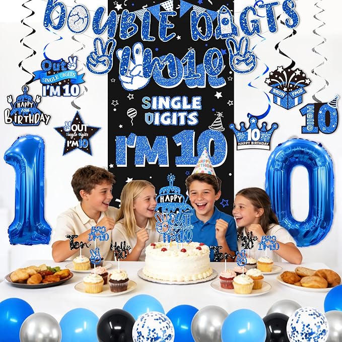 10th Birthday Decorations for Boys Blue, Double Digits Birthday Party Supplies with Out Single Digits I'm 10 Backdrop Balloons Glitter Banner for 10 Year Old Birthday Decoration