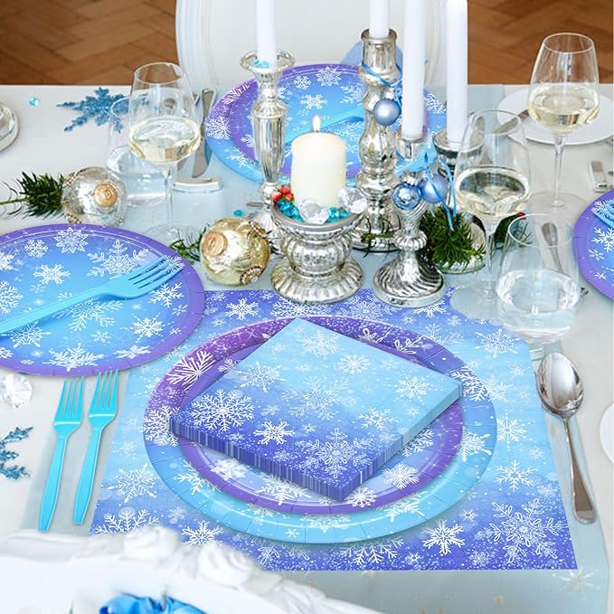 96 Pieces Snowflake Winter Party Supplies Set - Blue White Snowflake Design Disposable Tableware with Paper Plates, Napkins, Forks for Christmas, Winter Wonderland, Frozen-Themed Birthday Decorations