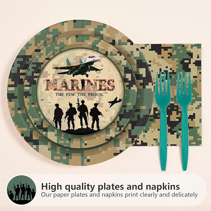 96Pcs Military Camo Birthday Party Supplies Army Camouflage Plates and Napkins Disposable Solider Themed Tableware Set for Boys Men Birthday Camping Hunting Party Decorations Serves 24