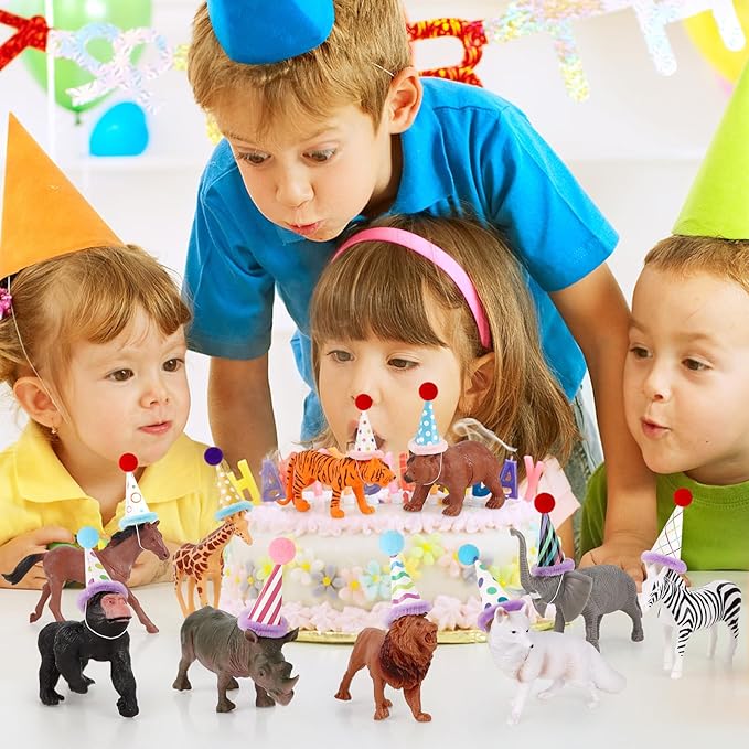 Hooqict 20 Pcs Jungle Animal Birthday Party Decorations Safari Animals Figures with Mini Birthday Hats Animal Cake Toppers for Kids Safari Cake Decorations Wild Zoo Themed Party Decorations