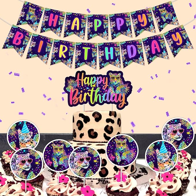 Cheereveal Rainbow Cheetah Birthday Decorations for Boys Girls - Leopard Print Happy Birthday Backdrop, Cheetah Wild Cake Cupcake Toppers, Jungle Safari Animal Theme Party Supplies