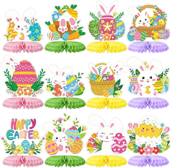 Tarklanda 12 Pcs Baby Shower Honeycomb Centerpieces 3D Easter Table Topper Honeycomb Decoration for Birthday Wedding Spring Party Supplies (Colorful Easter Bunny)