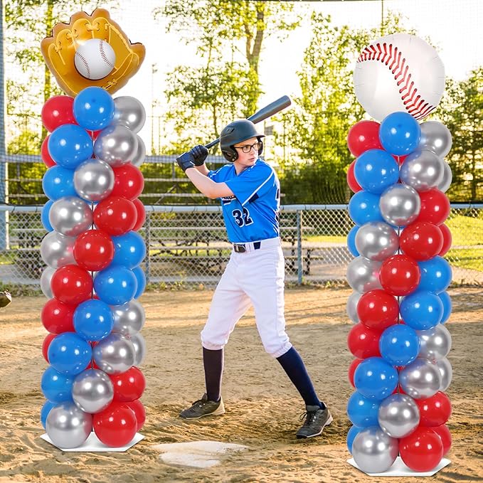 2 Sets Baseball Balloon Column Stand Kit With 102 Red Blue Silver Baseball Glove Foil Balloons Sport 5.57ft Adjustable Balloon Tower Stand With Bases Adjustable Arch Column for Game Birthday Supplies