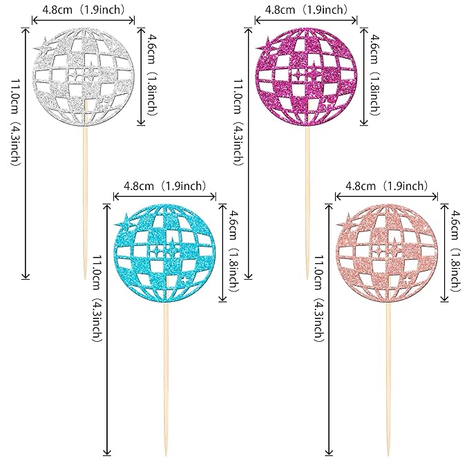 24 Colorful Disco Ball Cupcake Toppers - Dancing Cupcake Decorations for 70s Disco Music Theme Party Supplies