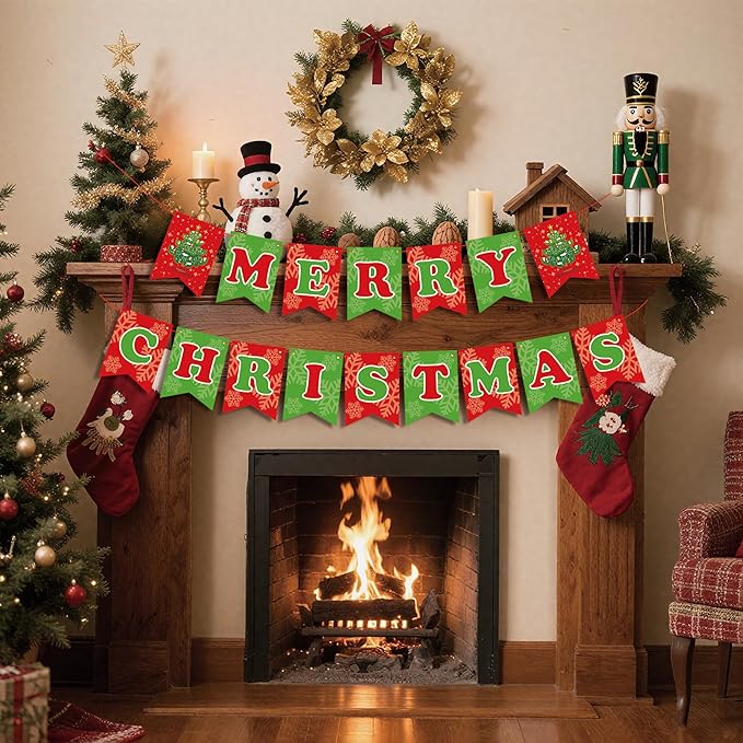 OHOME Christmas Party Decorations - Merry Christmas Banner | CHRISTMAS Decorations for Indoor Outdoor - Xmas Backdrop Garland for Outside | Hanging Party Favors Supplies for Birthday