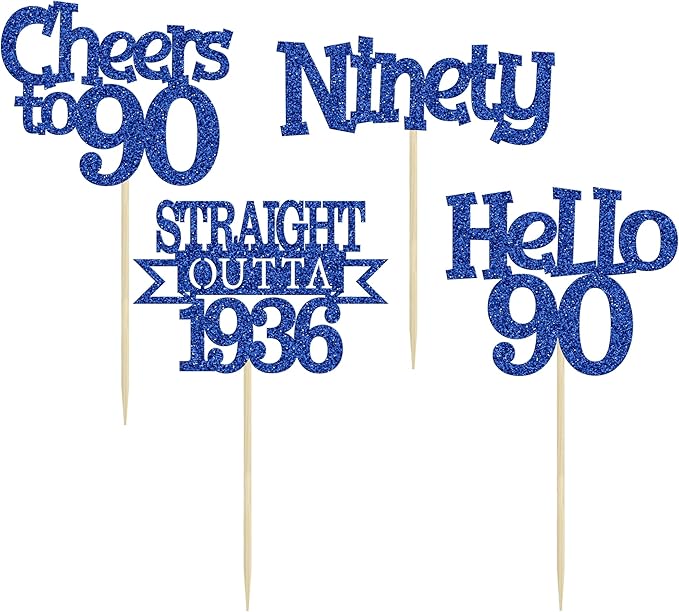 Ephlyn 24Pcs Happy 90th Birthday Cupcake Toppers Glitter Straight Outta 1936 Cupcake Picks Hello 90 Cheers to 90 Years Birthday Cake Decorations for 90th Anniversary Party Supplies Blue