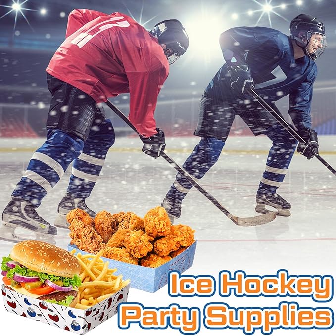Teling 36 Pack Hockey Party Supplies Large 5 lb Hockey Plates Trays Bowls Paper Food Boats Disposable Nacho Serving Snack Trays for Sport Themed Birthday and Tailgate Party Decorations Favors