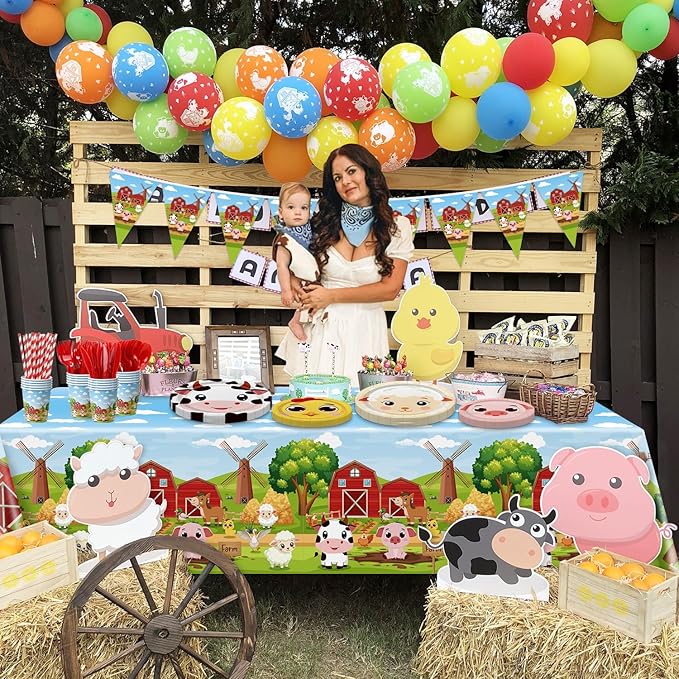 Farm Birthday Party Supplies, Including Farm Napkins Farm Animal Plates Tablecloth Banner and Dinnerware for Farm Theme Birthday Decorations, Serves 20