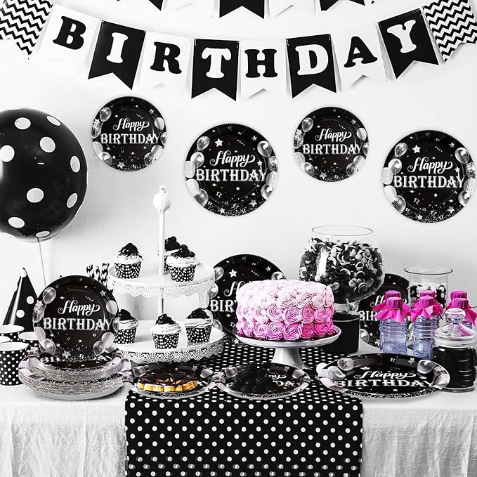 96Pcs Black and Silver Birthday Party Supplies Black and Silver Plates Disposable 350GSM Black White Tableware Set Black Birthday Party Decorations for Men Women Glitter Birthday Party Favor,Serve 24