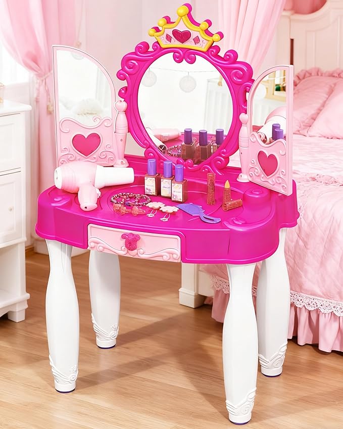 Toddler Makeup Table with Mirror and Chair, Kids Makeup Vanity Set with Accessories and Lights and Music Sound for Girls, Toddlers 3-5 Years Old