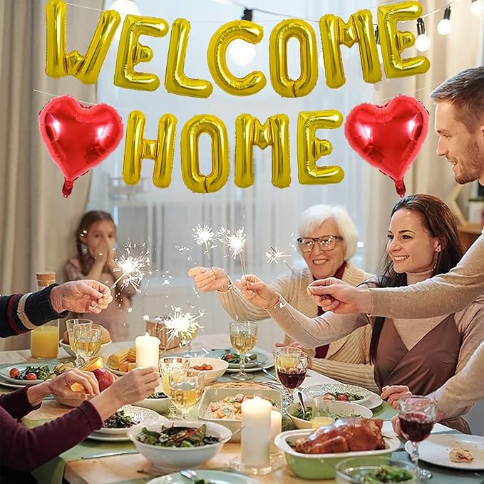 TONIFUL Welcome Home Balloons,16 Inch Gold Welcome Home Foil Balloons Banner Welcome Home Party Decorations for Homecoming Party Decorations House Warming Party Family Gathering Supplies