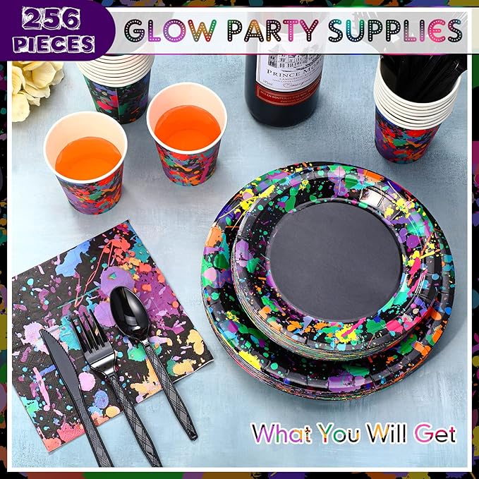 Baderke 252 Pcs Neon Party Supplies for 36 Guests Glow Party Plates Napkins Tableware Cups Knives Forks Spoons Neon Glow Birthday Colorful Graffiti Parties Decoration Favor